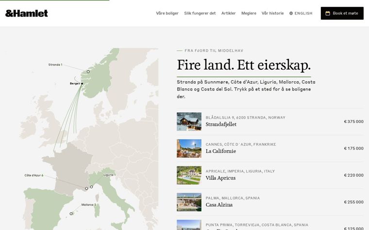 Europa-kartet i &Hamlet-utkastet, med linjer fra Bergen til boligene